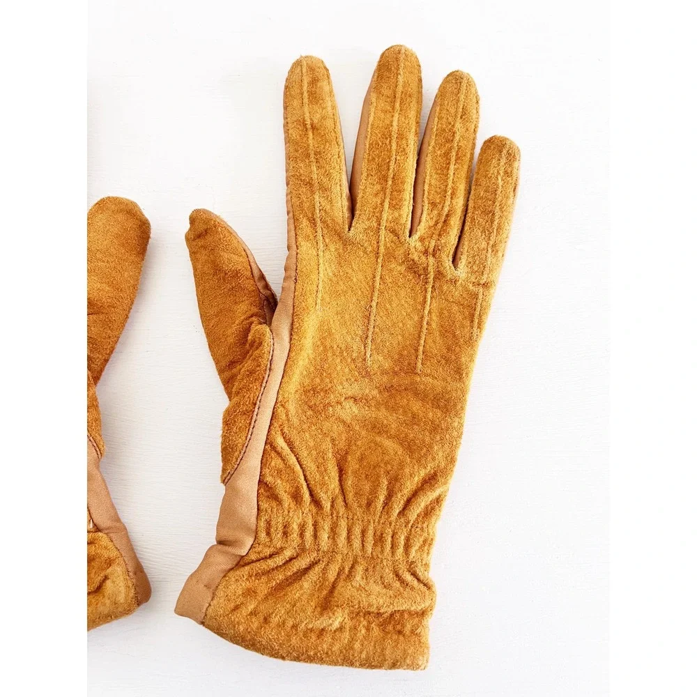 Isotoner‎ Gloves Mustard Yellow Vintage 70s Leather Suede Driving Gloves Size L
